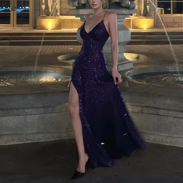 Lora Sparkle Purple Lace Back Evening Dress