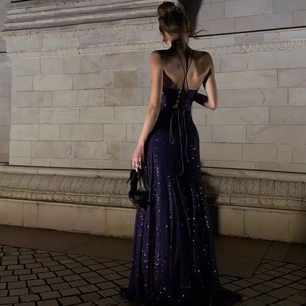 Lora Sparkle Purple Lace Back Evening Dress - Image 3