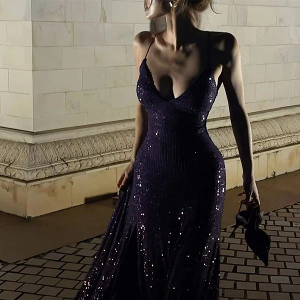 Lora Sparkle Purple Lace Back Evening Dress - Image 6