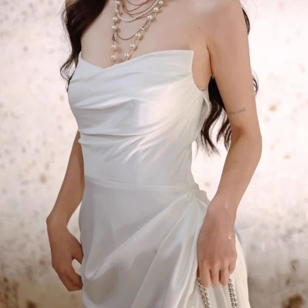 Lumière White Sateen Strapless Evening Dress - Image 4
