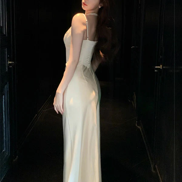Lunnia Ivory Satin Spaghetti Strap Draped Evening Dress - Image 2