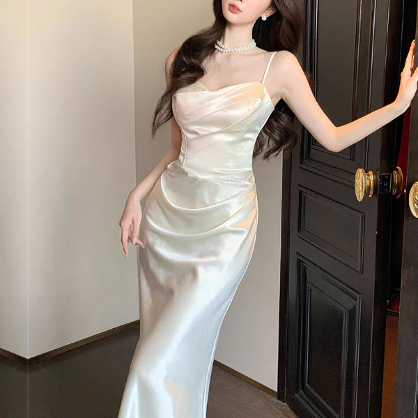 Lunnia Ivory Satin Spaghetti Strap Draped Evening Dress - Image 3