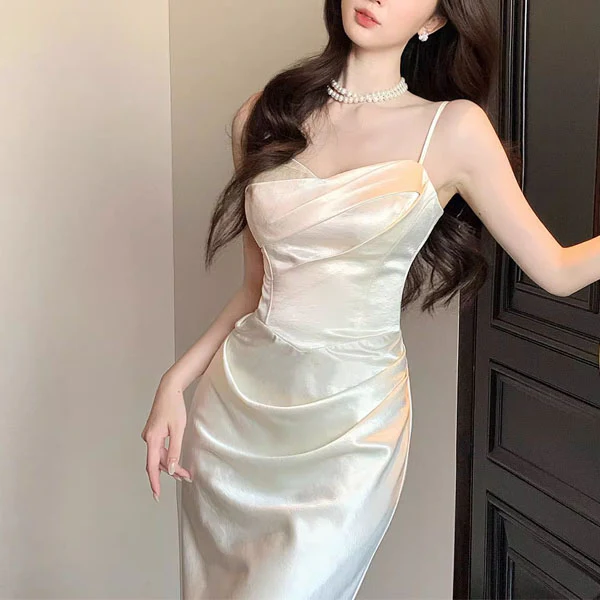 Lunnia Ivory Satin Spaghetti Strap Draped Evening Dress - Image 4