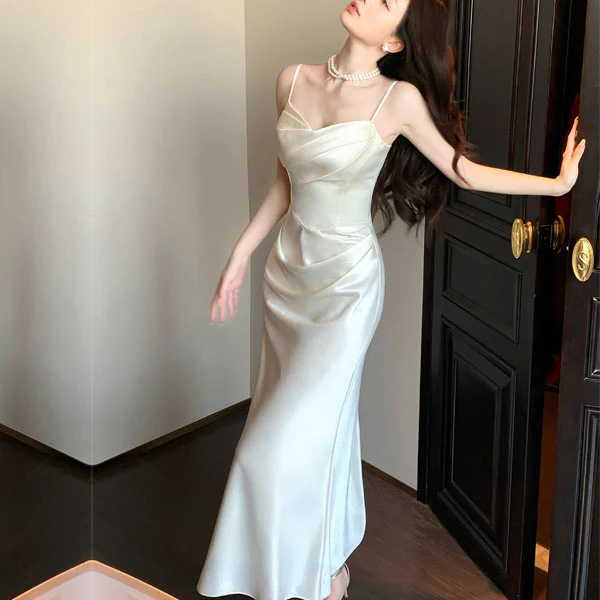 Lunnia Ivory Satin Spaghetti Strap Draped Evening Dress - Image 5