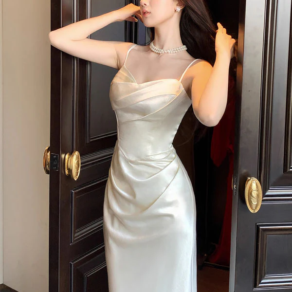 Lunnia Ivory Satin Spaghetti Strap Draped Evening Dress - Image 6