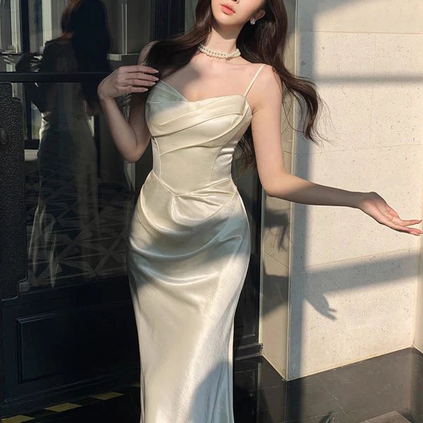 Lunnia Ivory Satin Spaghetti Strap Draped Evening Dress - Image 7