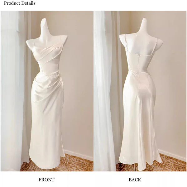 Lunnia Ivory Satin Spaghetti Strap Draped Evening Dress - Image 8