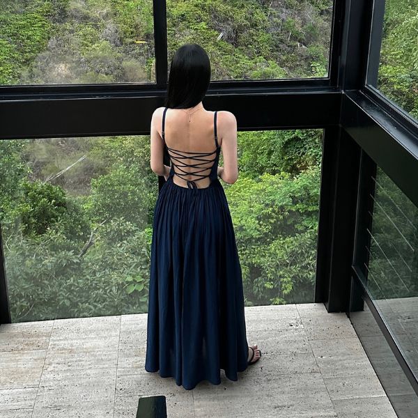 Lyra Elegant Backless Navy Maxi Dress - Image 8
