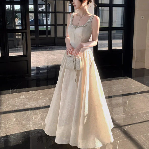 Mabelline Ivory Crystal-Embellished Jacquard Evening Dress