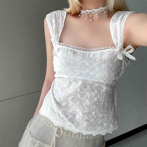 Maddie White Lace Embroidery Sleeveless Top - Image 2