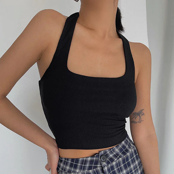 Madison Halter Ribbed Crop Tank Top - Image 10