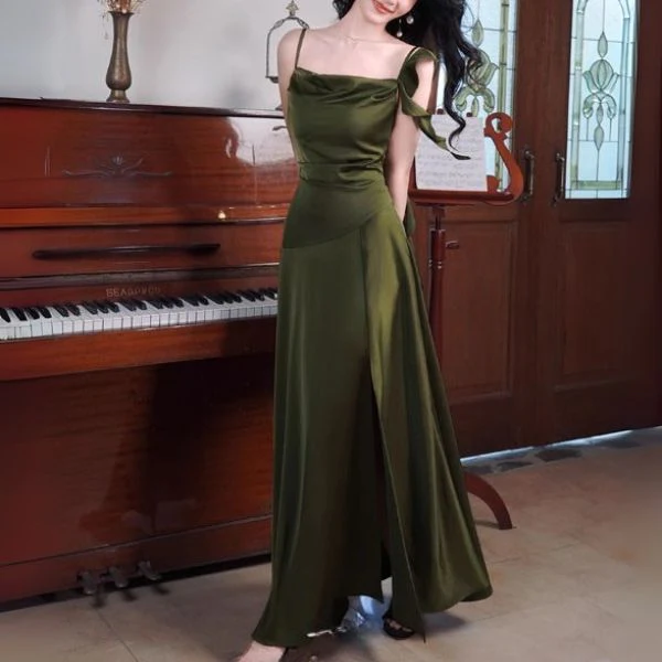 Marcelline Olive Green Cowl Neck Evening Dress