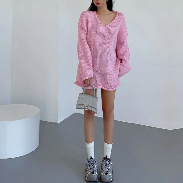 Mavis Oversize V Neck Knit Sweater Top - Image 16