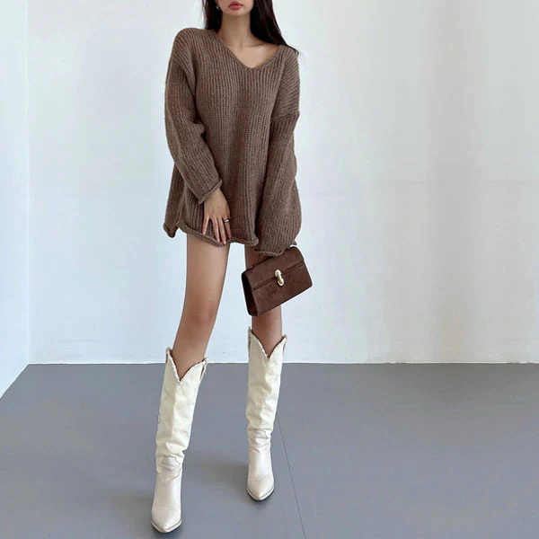Mavis Oversize V Neck Knit Sweater Top - Image 2