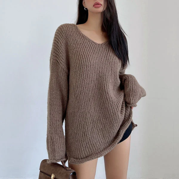 Mavis Oversize V Neck Knit Sweater Top - Image 4