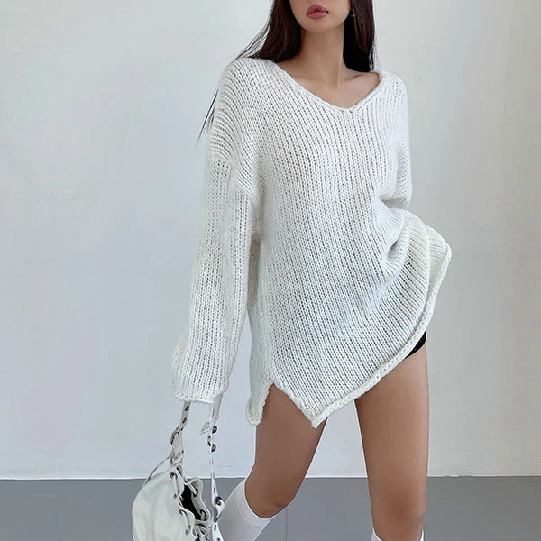 Mavis Oversize V Neck Knit Sweater Top - Image 5