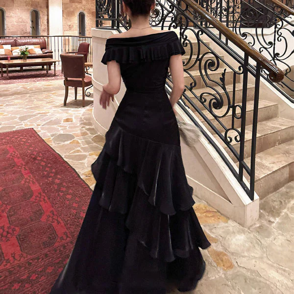 Meliora Elegant Black Off-Shoulder Ruffles Evening Dress - Image 2
