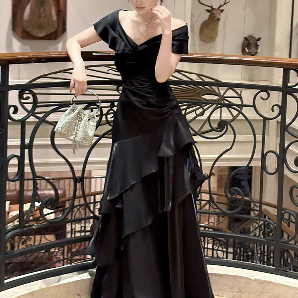Meliora Elegant Black Off-Shoulder Ruffles Evening Dress - Image 3