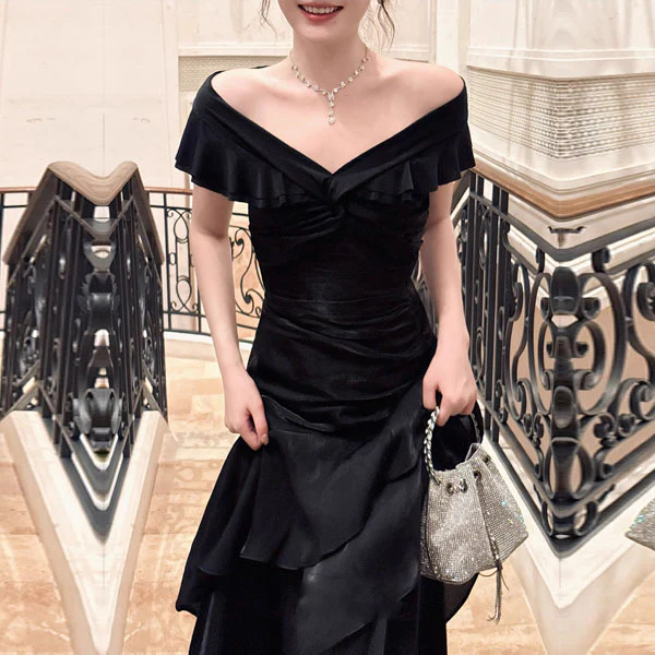 Meliora Elegant Black Off-Shoulder Ruffles Evening Dress - Image 4