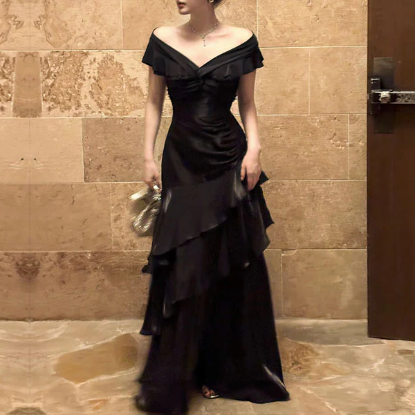 Meliora Elegant Black Off-Shoulder Ruffles Evening Dress - Image 5