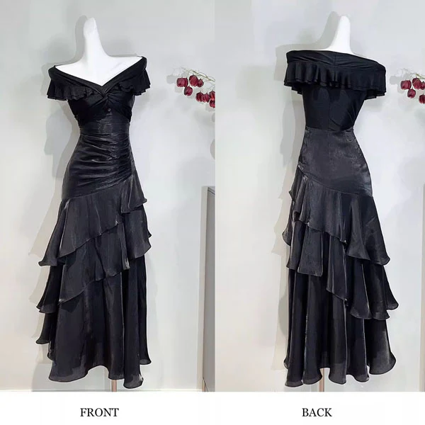 Meliora Elegant Black Off-Shoulder Ruffles Evening Dress - Image 6