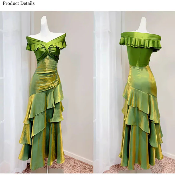 Meliora Elegant Green Off-Shoulder Ruffles Evening Dress - Image 10