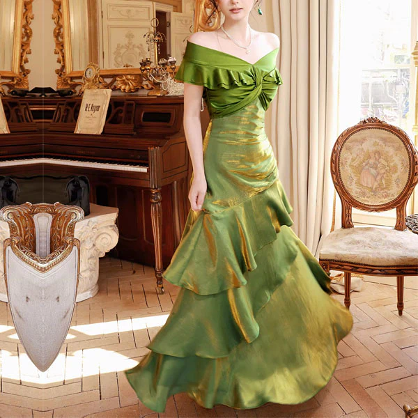 Meliora Elegant Green Off-Shoulder Ruffles Evening Dress - Image 2