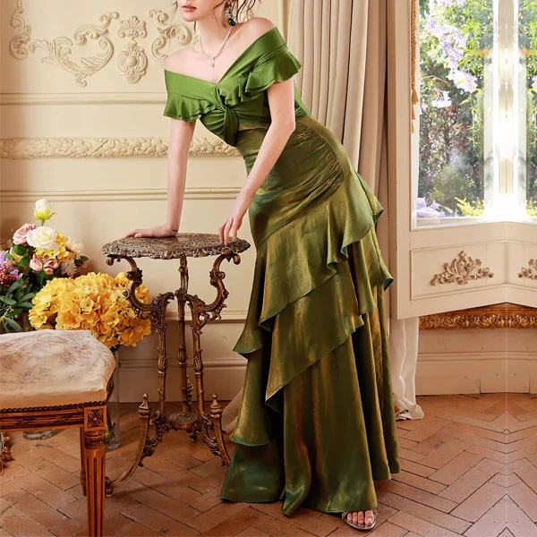 Meliora Elegant Green Off-Shoulder Ruffles Evening Dress - Image 3