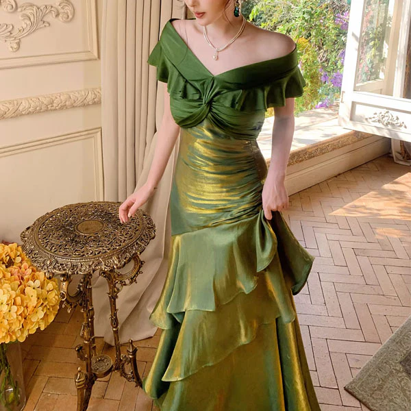 Meliora Elegant Green Off-Shoulder Ruffles Evening Dress - Image 4