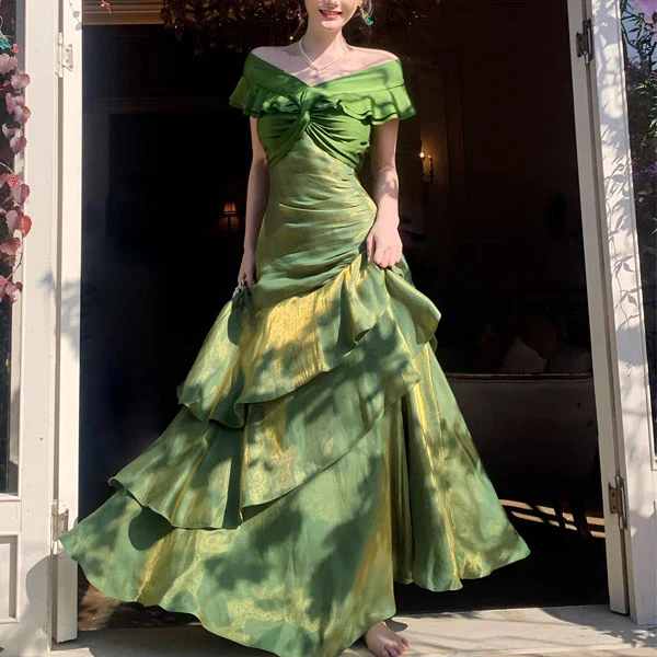 Meliora Elegant Green Off-Shoulder Ruffles Evening Dress - Image 5