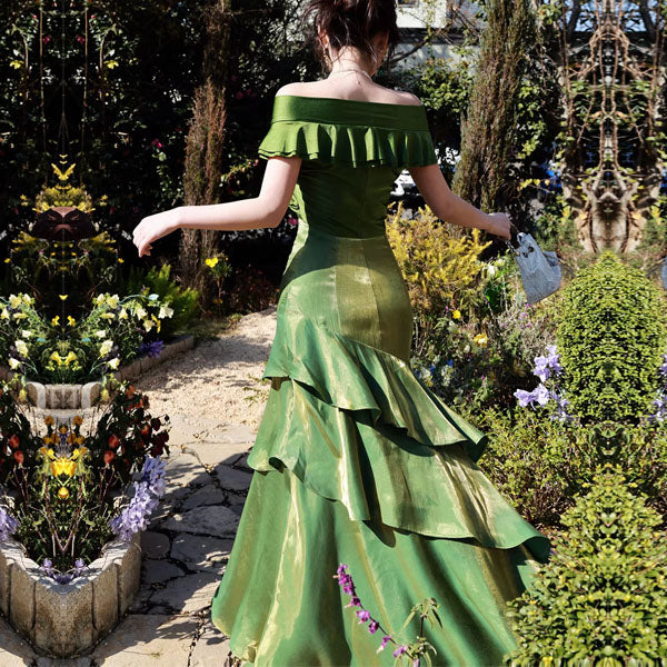 Meliora Elegant Green Off-Shoulder Ruffles Evening Dress - Image 6
