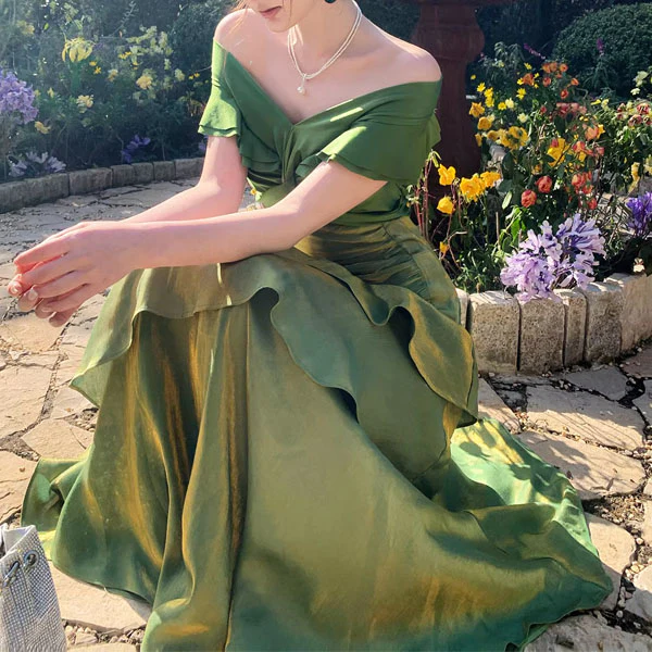 Meliora Elegant Green Off-Shoulder Ruffles Evening Dress - Image 7
