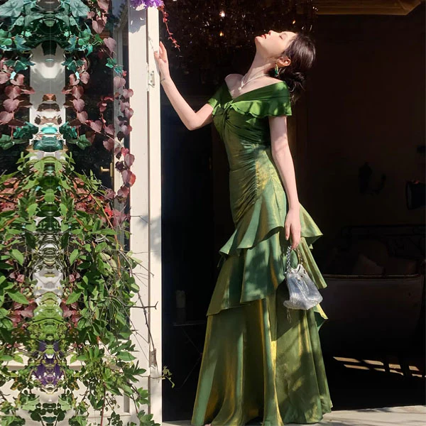 Meliora Elegant Green Off-Shoulder Ruffles Evening Dress - Image 8