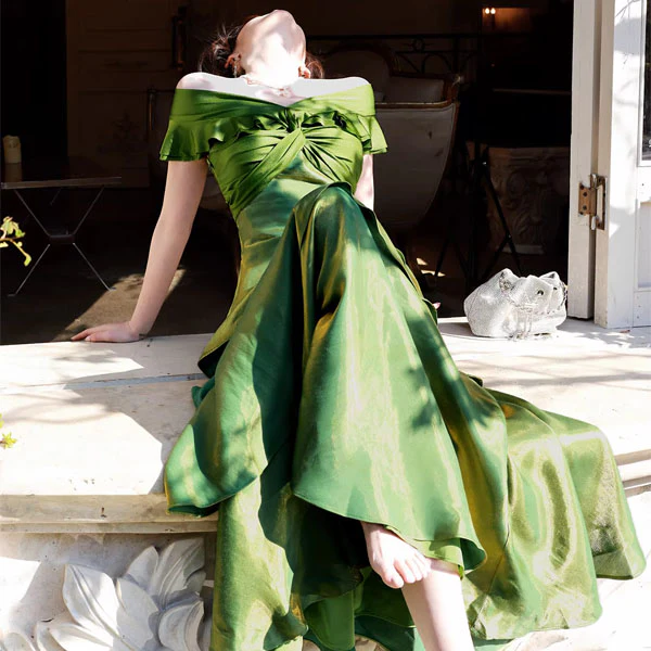 Meliora Elegant Green Off-Shoulder Ruffles Evening Dress - Image 9
