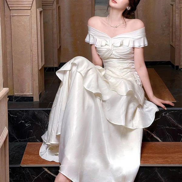 Meliora Elegant Ivory Off-Shoulder Ruffles Evening Dress - Image 2