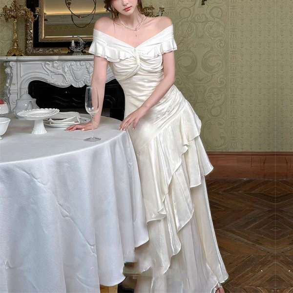 Meliora Elegant Ivory Off-Shoulder Ruffles Evening Dress - Image 3