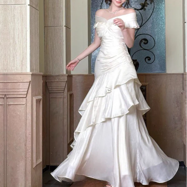 Meliora Elegant Ivory Off-Shoulder Ruffles Evening Dress - Image 4