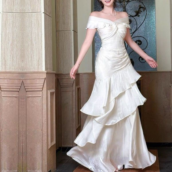 Meliora Elegant Ivory Off-Shoulder Ruffles Evening Dress - Image 5