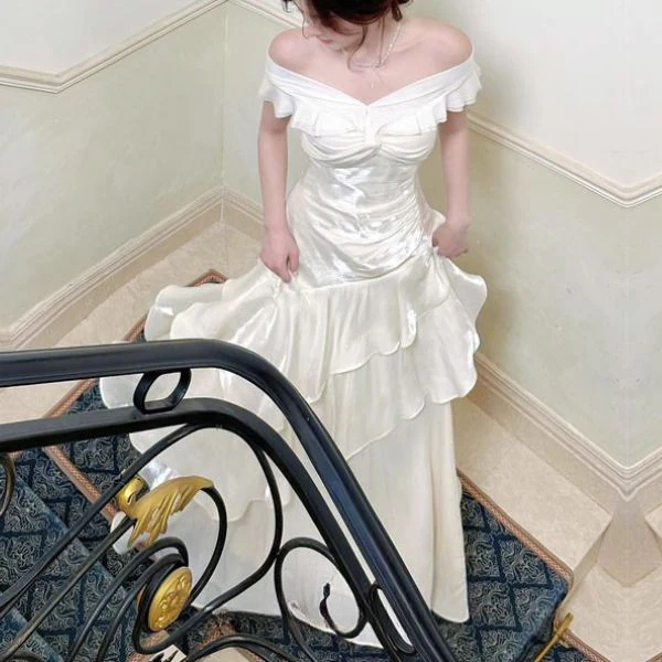 Meliora Elegant Ivory Off-Shoulder Ruffles Evening Dress - Image 6