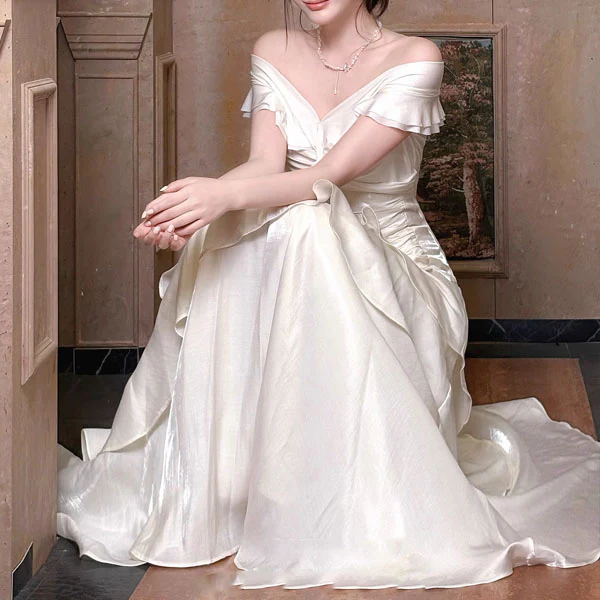 Meliora Elegant Ivory Off-Shoulder Ruffles Evening Dress - Image 7