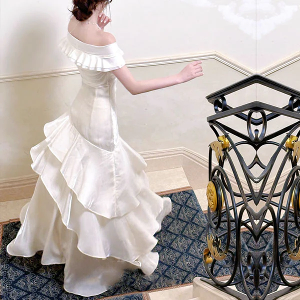 Meliora Elegant Ivory Off-Shoulder Ruffles Evening Dress - Image 8