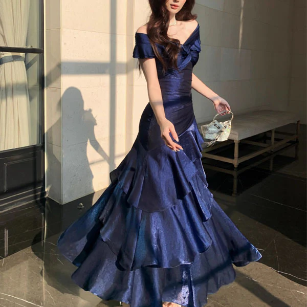 Meliora Elegant Navy Off-Shoulder Ruffles Evening Dress