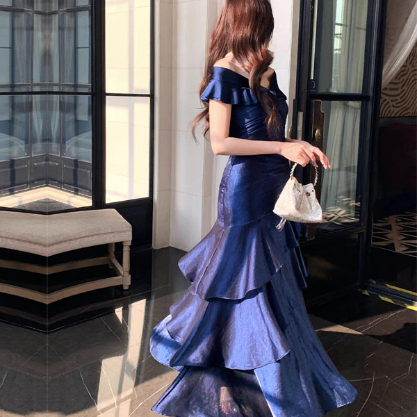 Meliora Elegant Navy Off-Shoulder Ruffles Evening Dress - Image 2