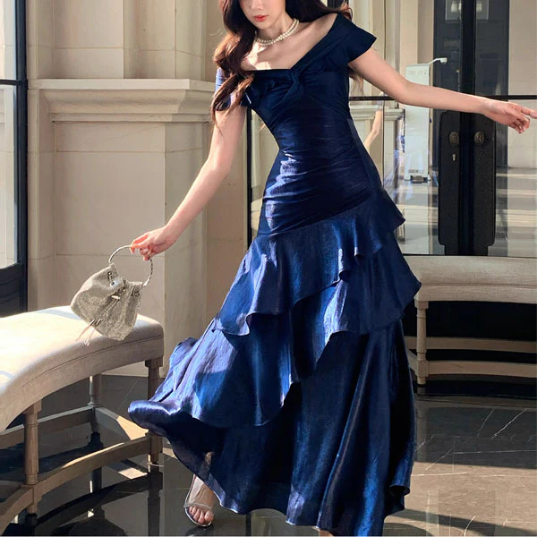 Meliora Elegant Navy Off-Shoulder Ruffles Evening Dress - Image 3