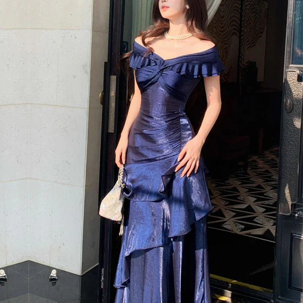 Meliora Elegant Navy Off-Shoulder Ruffles Evening Dress - Image 4