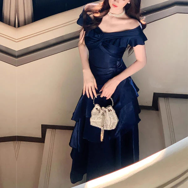 Meliora Elegant Navy Off-Shoulder Ruffles Evening Dress - Image 5