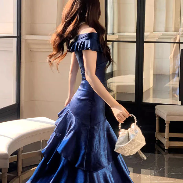 Meliora Elegant Navy Off-Shoulder Ruffles Evening Dress - Image 6