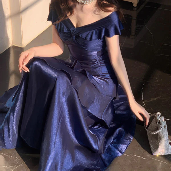 Meliora Elegant Navy Off-Shoulder Ruffles Evening Dress - Image 7