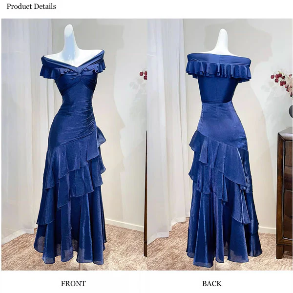 Meliora Elegant Navy Off-Shoulder Ruffles Evening Dress - Image 8