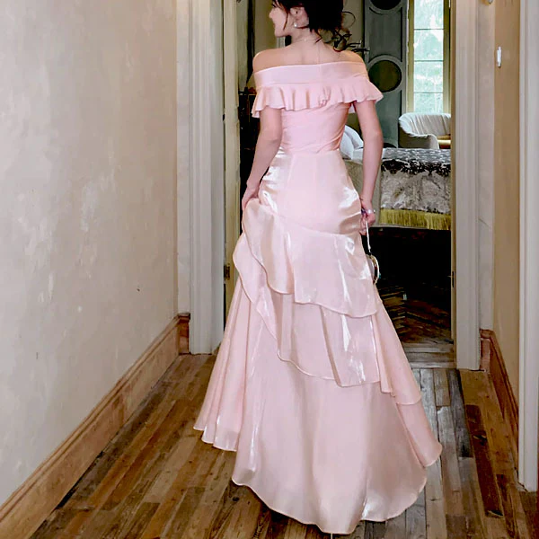Meliora Elegant Pastel Pink Off-Shoulder Ruffles Evening Dress - Image 2